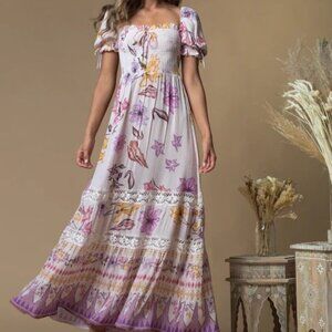 Z and L Womens Tiana Maxi Dress Smocked Bodice White Purple Floral Tiered Size L